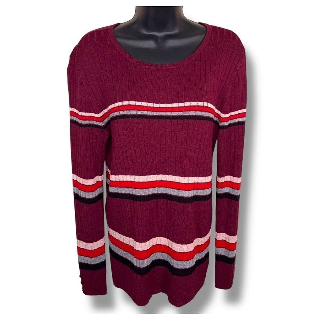 Large Liz Claiborne Burgundy Red Ribbed Striped Long Sleeve Knit Sweater